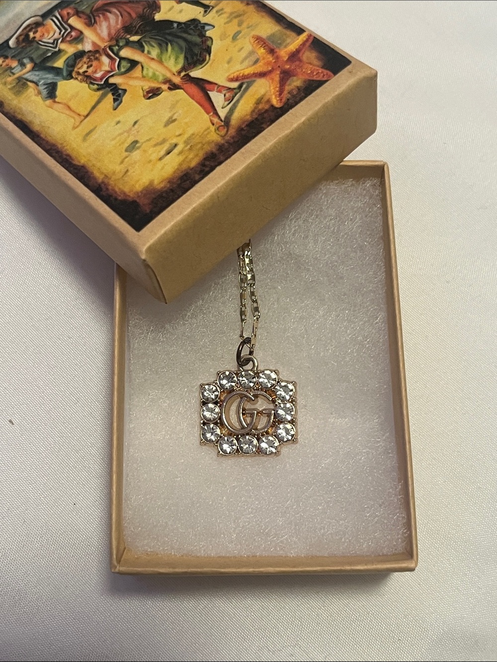 Gold-Tone Crystal Square Pendant Necklace - Designer-Inspired GG